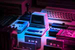 Dimly lit boxy computer and gaming consoles.